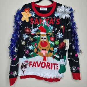 Ugly Christmas Sweater Reindeer LIGHTS UP Tinsel Xmas Party Winner Size Large